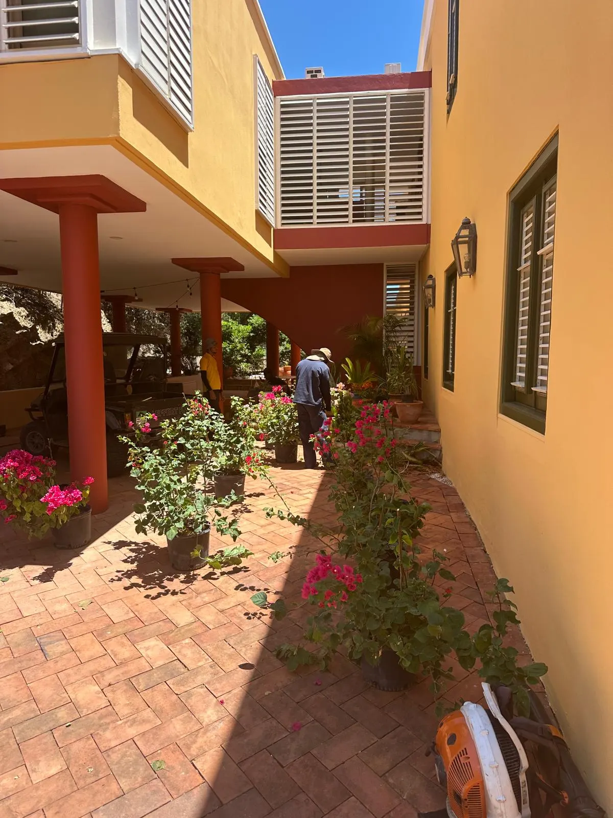 Binnenplaats van een geel landhuis op Curaçao met roze bougainville in potten en een rode pilaar.